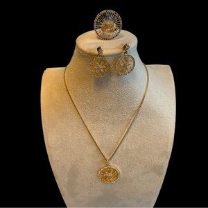 BEW Gold Plated Jewellery Set Necklace Earrings and Adjustable Ring